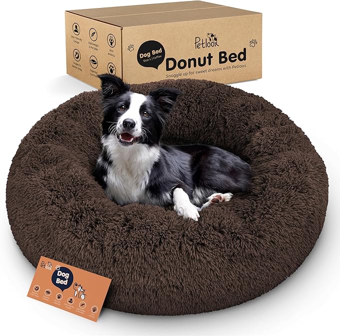Donut Dog Bed - Premium Comfort for Anxiety Relief - Fluffy & Calming Design with Ultra-Plush Support | Cozy Round Dog Bed with Super Soft Circle Style (Coffee, Large)
