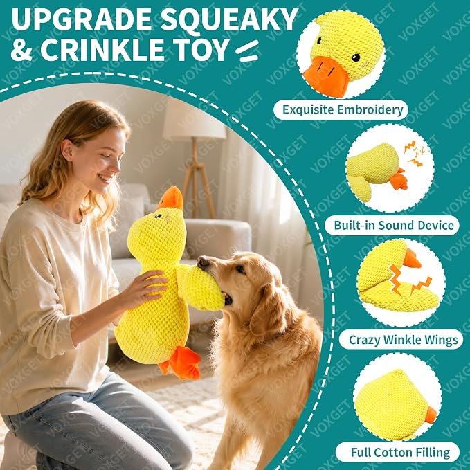 Duck Dog Toy, Plush Calming Companion with Quack, Crinkle & Squeak