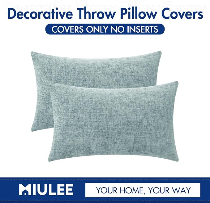 MIULEE Soft Chenille Lumbar Throw Pillow Covers Light Blue 12x20 Pack of 2 | Modern Home Decor, Classic Decorative Pillows, Solid Dyed Cases, Boho Couch Cushion Covers for Sofa Bed Living Room