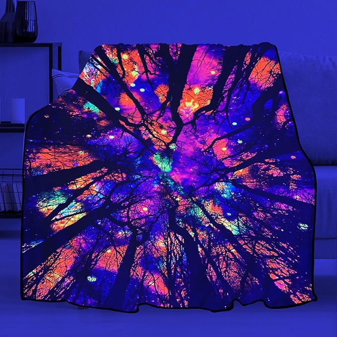Blacklight Galaxy Forest Throw Blankets UV Reactive Night Sky Throw Blanket Glow in the Dark Under Black Lights Game Room Decor Soft Throw Gifts 59x51 Inches