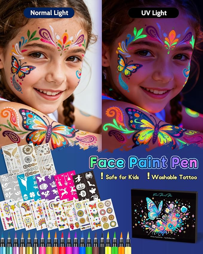 Temporary Tattoo Markers for Skin, 20 Pcs Dual-Tip UV & Matte & Glitter Tattoo Pens, Skin-Safe Body Markers with Tattoo Stencils & Stickers, Washable Glow in the Dark Markers for Kids Teens
