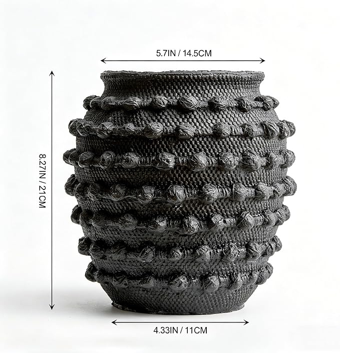 DN DECONATION Rustic Farmhouse Vase, Textured Boho Vase for Home Decor | Black, 8.6 Inch, Cement Decorative Flower Vases with Rope Knots for Living Room, Table Centerpiece, Shelf, Mantel Decoration