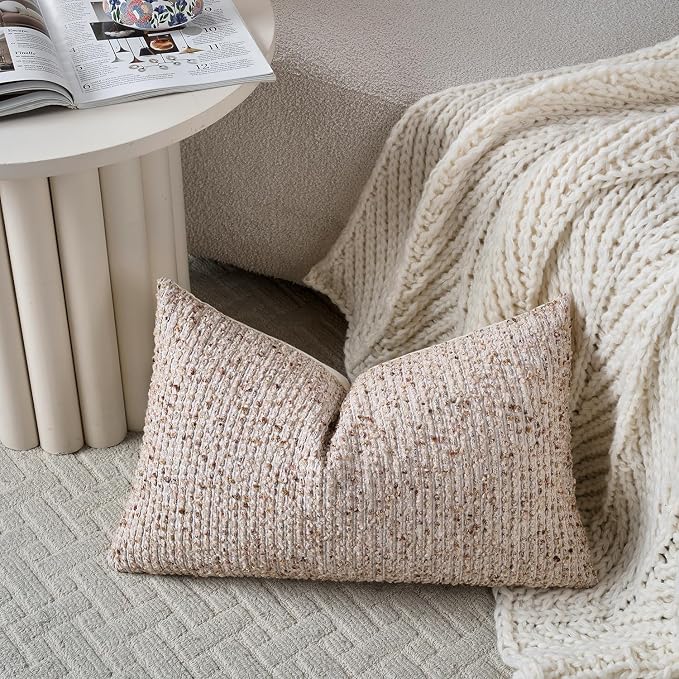 14x24 Beige Lumbar Pillow Cover Textured Boucle Striped Chic Morden Boho Accent Farmhouse Rectangular Decorative Couch Pillow Case for Home Decor Bed Sofa Living Room