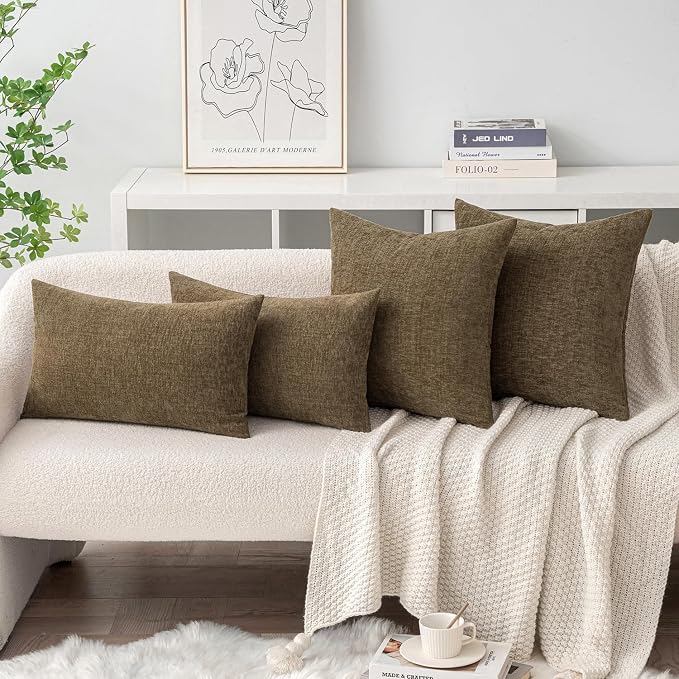 MIULEE Soft Chenille Fall Lumbar Throw Pillow Covers Coffee 12x20 Inch | Pack of 2, Modern Fall Decor, Classic Decorative Pillows, Solid Dyed Cases, Couch Cushion Covers for Sofa Bed Living Room