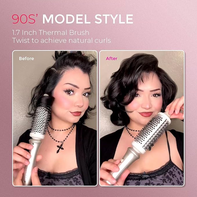 TYMO 2.0 Thermal Brush Curling Brush - STYLUX 1.7" Blowout Volumizer with Flexi-Fit for Hair Straightening, Heated Round Styler Tool, Hair Straightener and Curler 2 in 1, Dual Voltage & Light, Gold