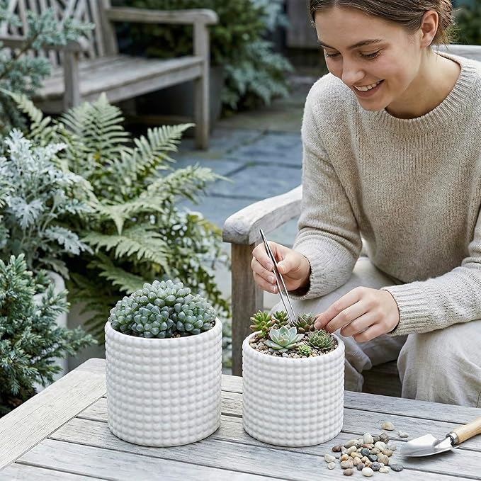 MyGift 6 Inch White Ceramic Planter Pots with Hobnail Texture, Set of 2 | Classic textured plant containers add charm to shelves and tabletops while complementing succulents, flowers, and herbs