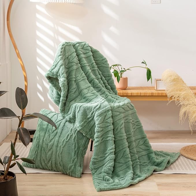 YUSOKI Sherpa Fleece Large Throw Blanket, Sage Green, 50"x65" | 3D Stylish Design,320GSM, Non-Shedding, Lightweight for All Season Use, stays fluffy after repeated washes, Perfect Gifts