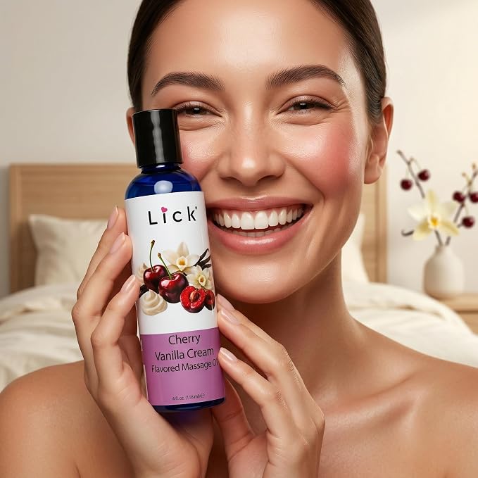 Lick Cherry Vanilla Cream Flavored Massage Oil – Tropical Edible Massage Oil with Sweet Almond Oil & Vitamin E, Hydrating Body-Safe Formula for Relaxing Couples Massage, 4 oz