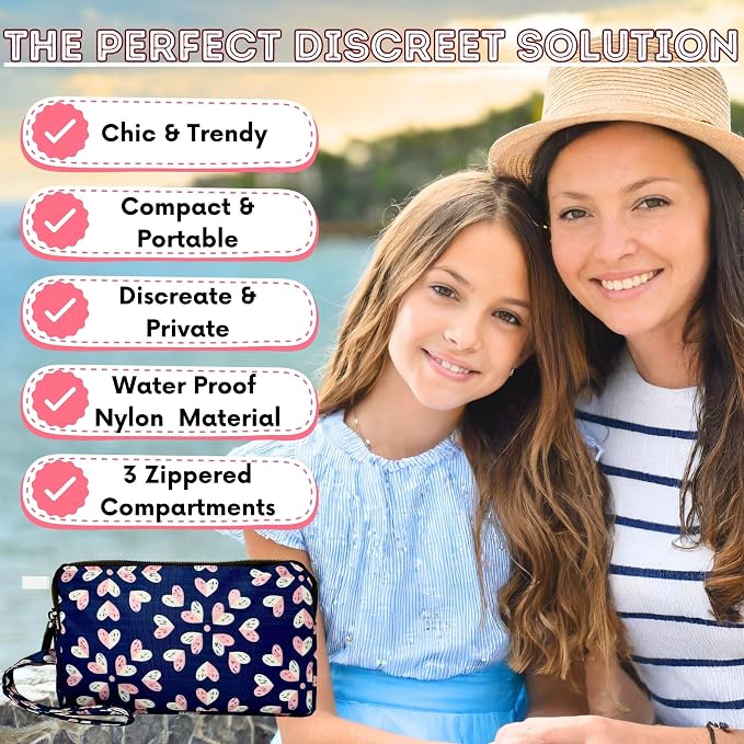 Mark and Lola's First Period Pal Pack to-Go Kit | 24 pcs | First Period Kit for Tweens | Teen Period Kit| Discrete Period Bag, Pads, Panty Liners, Period Kits for Tweens 10-12 (Hearts)