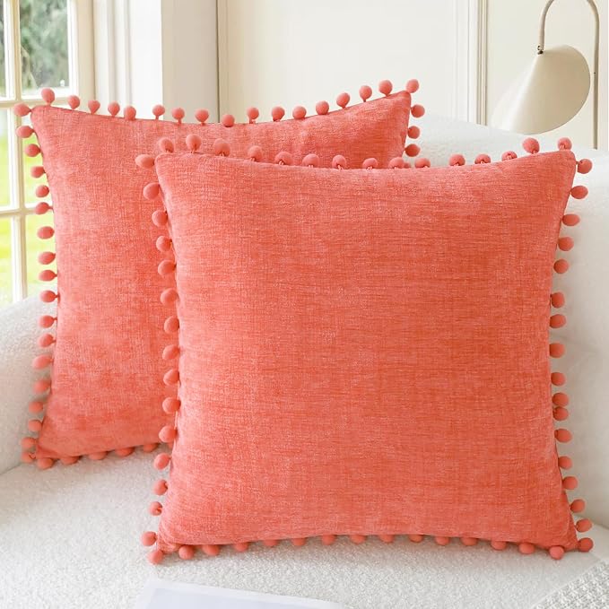 CaliTime Decorative Couch Throw Pillow Covers 22 X 22 Inches Living Coral | Pack of 2, Cozy Chenille Cushion Cases, with Pom Poms for Sofa Bed Living Room Farmhouse Home