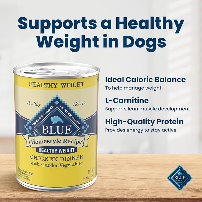 Blue Buffalo Chicken Dinner with Garden Vegetables Homestyle Recipe Healthy Weight Adult Wet Dog Food, 12.5 oz., Case of 12 | Healthy Weight Formula, Beef Dinner with Garden Vegetables, No Chicken By-Product, Corn, Wheat, or Soy
