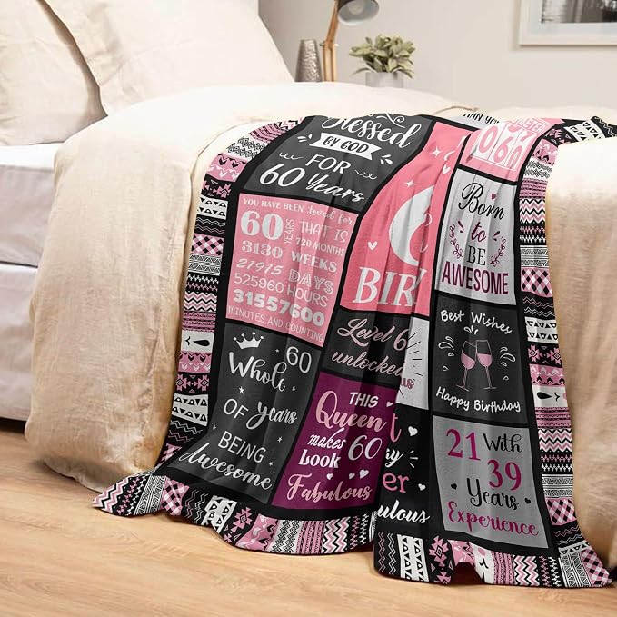 Ivivis 60th Birthday Gifts for Women Throw Blanket 60”X50”, Happy 60th Birthday Decorations Gift Ideas for 60 Year Old Woman, 1966 Bday Gifts for Mom Grandma