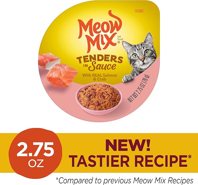 Meow Mix Tenders in Sauce, Wet Food with Real Salmon & Crab, 12 Cups