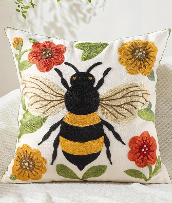 Animal Embroidered Throw Pillow Cover 18x18 Inch, Bee Floral | Decorative Pillow Cover, Farmhouse Cushion Cases with Hidden Zipper, Cottagecore Decor for Couch, Sofa, Living Room