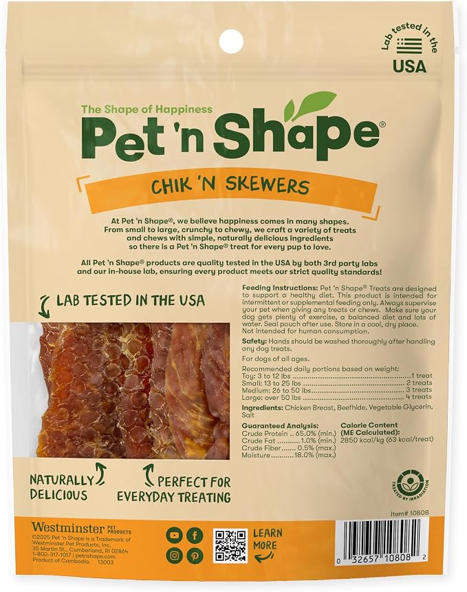 Pet 'n Shape Chik 'n Skewers – Chicken Wrapped Rawhide Chew Dog Treats - 8 Ounce | Premium chicken breast, Limited ingredients, Wheat and soy free, Everyday reward, For all life stages, High-protein snack