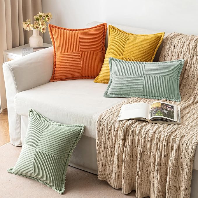 MIULEE Decorative Throw Pillow Covers for Couch 16x16 Inch Greyish Green | Boho Broadside Striped Patchwork Pillow Covers, Soft Corduroy Cushion Cases, For Sofa Bed Livingroom Home Decor
