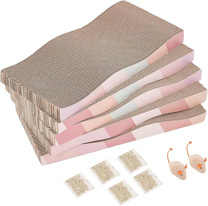 SIDAZON Cat Scratching Pads Cardboard Cat Scratchers for Indoor Cats Reversible Large Wide Corrugated with Catnip and Mini Toy(5pcs)