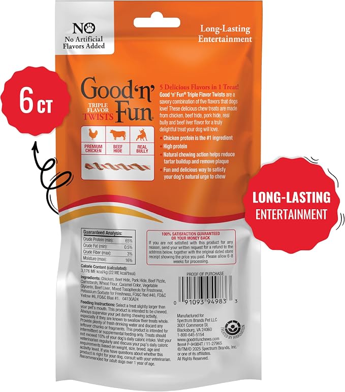 GOOD 'N' FUN Twists Long-Lasting Dog Treat with Real Bully, 6 Count | Premium Chicken, Bully & Beef Hide Chew, High Protein Supports Strong Muscles and Healthy Immune System, For Adult Dogs