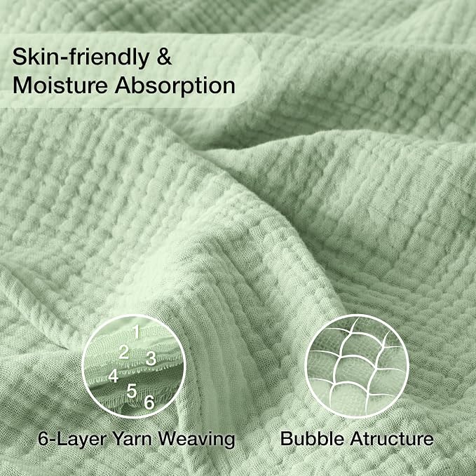 100% Cotton Muslin Blanket King 108" x 90", 6 Layers Breathable and Lightweight Cotton Throw Blanket for Bed, Soft Quilt Bedspread Coverlet, Gauze Blanket for Adults All Season, Sage Green
