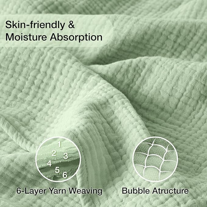 100% Cotton Muslin Blanket California King 120" x 90", 6 Layers Breathable and Lightweight Oversized Blankets for Bed, Soft Cooling Gauze Blanket for Adults All Season, Sage Green