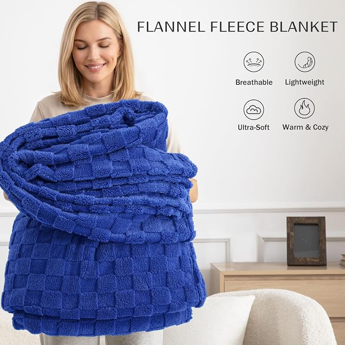 Exclusivo Mezcla 3D Checkered Fleece Throw Blanket for Couch, Cobalt Blue | Super Soft and Cozy Fluffy Throw, Lightweight and Breathable, Cute Fuzzy Blanket for Sofa, Home Decor, All Season, 50"x60"