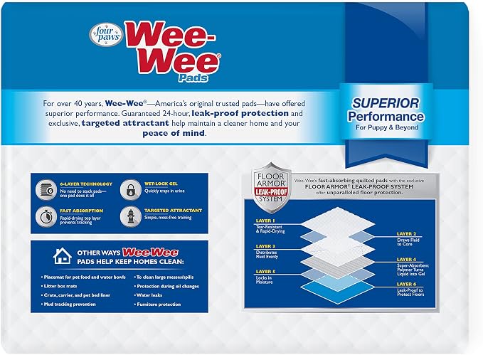 Four Paws Wee-Wee Superior Performance Dog Pee Pads, 50 Count | Quilted leak-proof puppy pads, dog housebreaking & potty training, 24-hour floor protection, pet supplies, 22" x 23"