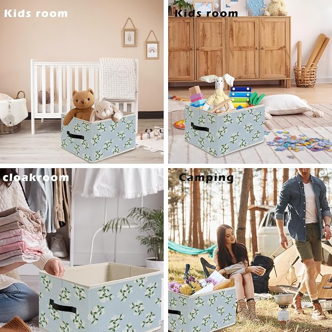 Blue and White Tiny Hydrangea Floral Storage Bin Box with Handles, Chinoiserie Grandmillennial Hydrangea Flower Foldable Organizer Basket Toybox for Girls Bedroom Bathroom Clothes Toys Books