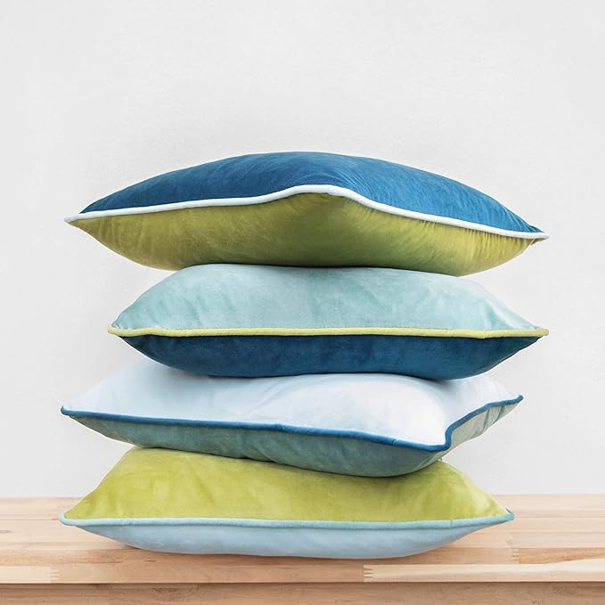 MONDAY MOOSE Decorative Throw Pillow Covers Cushion Cases, Set of 4 Soft Velvet Modern Double-Sided Designs, Mix and Match for Home Decor, Pillow Inserts Not Included (14x14 inch, Green/Blue)