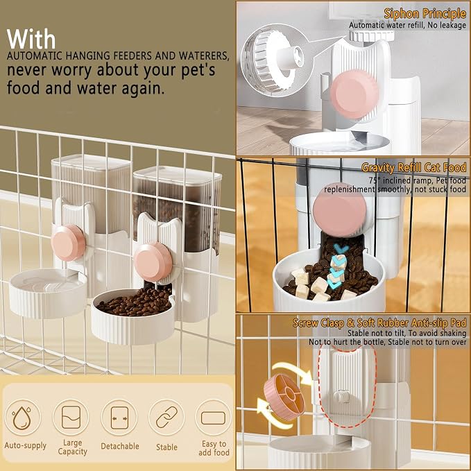 kathson Rabbit Feeder for Cage,Bunny Water Bottle,Pet Food Dispenser,Pink | Gravity Automatic Guinea Pig Feeder Waterer Set,Hanging Small Pet Food Bowl Feeding Station for Ferret Chinchilla Cat Puppy
