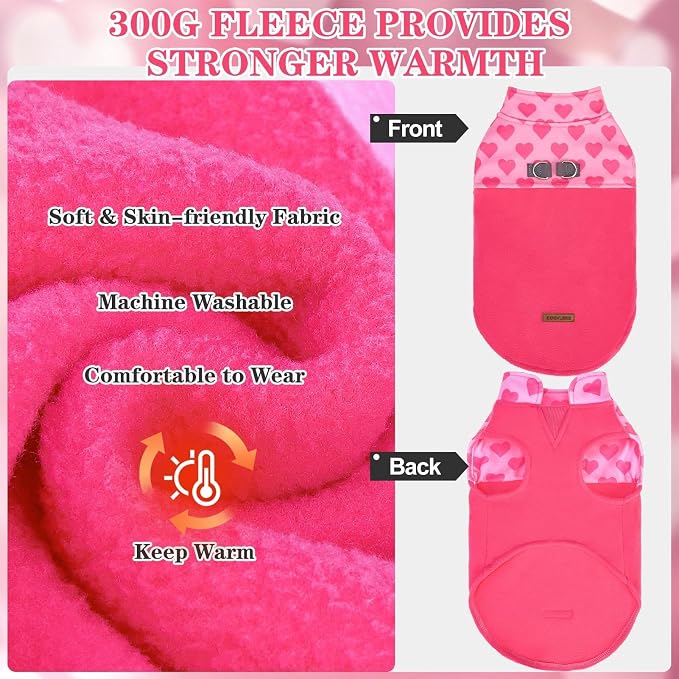 Fleece Dog Sweater - Valentine's Day Romantic Heart Dog Jacket, Winter Coat Vest with 2 D-Rings for Leash, Warm Pet Cold Weather Clothes Sweatshirt Outfits for Puppy Boys or Girls Pink L