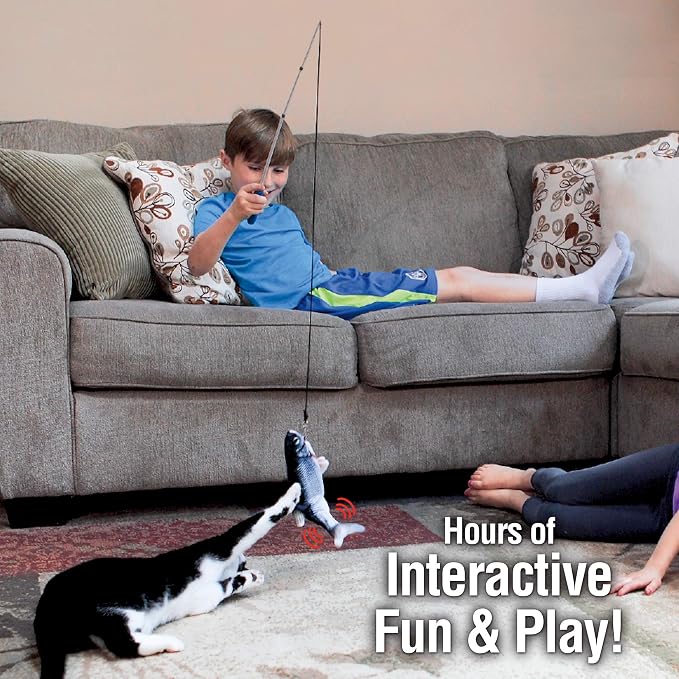 Ontel Flippity Fish Interactive Cat Toy with Catnip & Fishing Pole - Touch Activated, Rechargeable Pet Toy to Help Reduce Stress & Bad Behavior - As Seen on TV