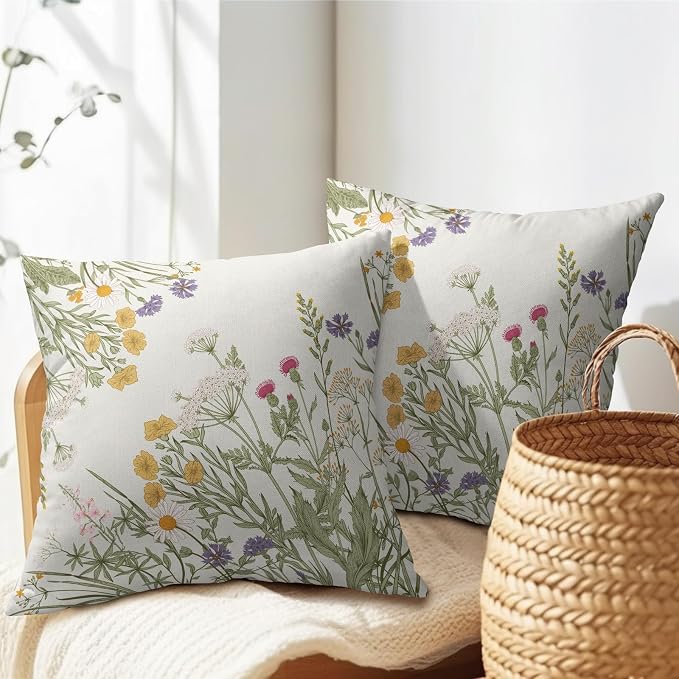 Kawani Wild Flower Throw Pillow Covers 20x20 in, Set of 2 Colorful Spring Herbs Floral Leaves Outdoor Decorative Pillow Cases Cotton Linen Cushion Cover for Couch Bed Sofa Home Decor Gift
