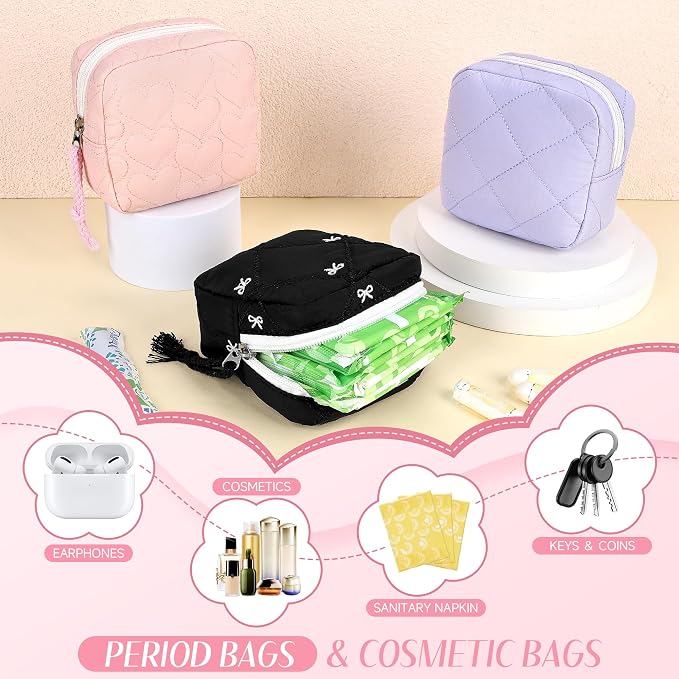Likesing Quilted Period Bag, Period Pouches for Teen Girls Womens, Portable Nylon Sanitary Napkin Storage Bag Feminine Emergency Tampon Pad Pouch(Black)