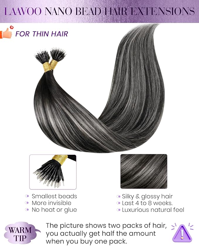 LaaVoo Nano Hair Extensions Human Hair Black Nano Bead Hair Extension Human Hair Balayage Black to Silver Nano Ring Extensions 20 Inch 50g 50s