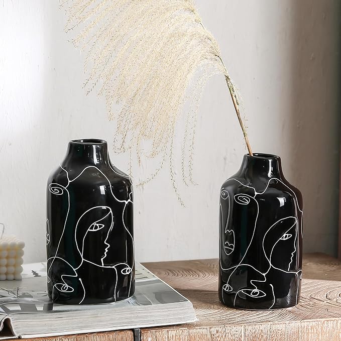 Kimdio Ceramic Vase Set, 2pcs Black Abstract Irregular Design Flower Vases, Modern Home Decor Living Room Decor Minimalist Decorative Vase for Pampas Grass