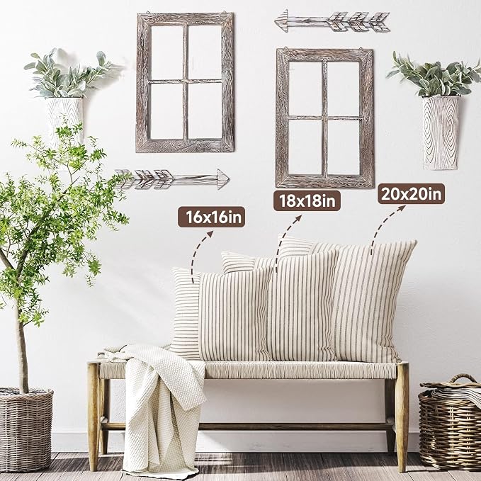 YCOLL Farmhouse Pillow Covers 22x22, Modern Accent Square Throw Pillow Covers Set of 2, Gray and Beige Striped Patchwork Linen Decorative Pillows Cushion Covers for Couch Chair Bedroom Home Decor