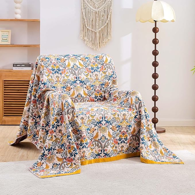 XIBLC Boho Blanket Throw Quilt, 100% Cotton Soft Light Weight Throw Blankets for Summer, 50"x60" Farmhouse Flower Decorative Blankets, All Season Rustic Reversible Bohemian Throw Quilt