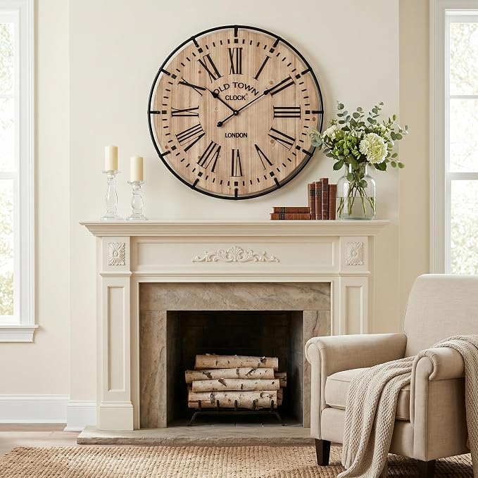 EMAX HOME 30 Inch Rustic Wall Clock, Warm Light Oak Wood Look with Black Iron Frame, Silent Sweep Movement, Clear Roman Numerals and Tick Marks, for Fireplace Mantel, Hallway, or Dining Room.