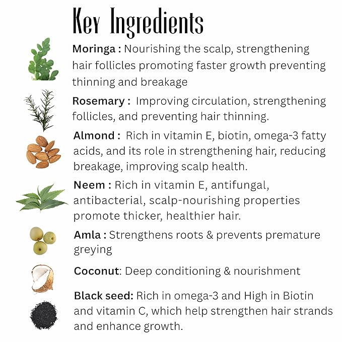 Moringa Rosemary Ayurvedic Herbal Hair Oil with Pumpkin Seed, Amla & 15+ Herbs - Made in USA with Organic Ingredients, Supports Thicker, Shinier Hair Growth for All Types, 2 oz