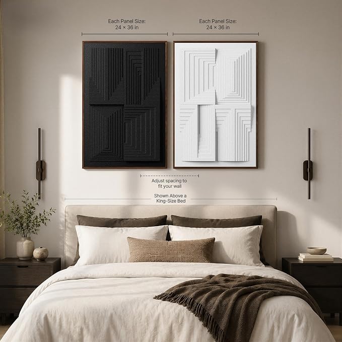 Thalasse Modern Abstract Wall Art Large Framed 3D Black White 24x36 In | Textured monochrome geometric relief, sandstone minimalist pictures, office hallway decor, 2 piece set