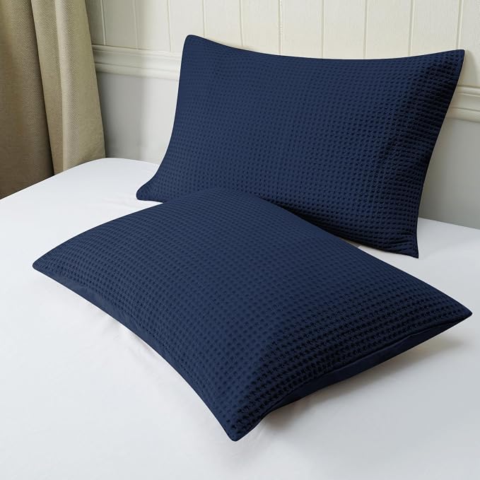100% Egyptian Cotton 600 TC Waffle Weave Pillowcases King Size 2 Pack | Ultra Soft Pillow Shams with Envelope Closure, Breathable Skin-Friendly Decorative Bed Pillow Case, Navy Blue, 20"x36"