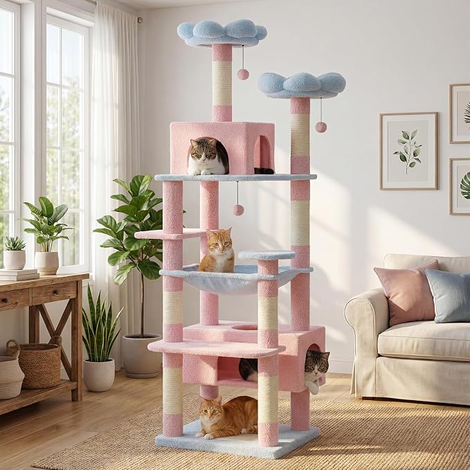 PAWZ Road Flower Cat Tree 72" Cat Tower with Condos&Hammock for Large Cats | cute cat tree in pink&blue, 20"×16" hammock for adult cats, 7 scratch posts + pad, dual condos&perches for multi-cats