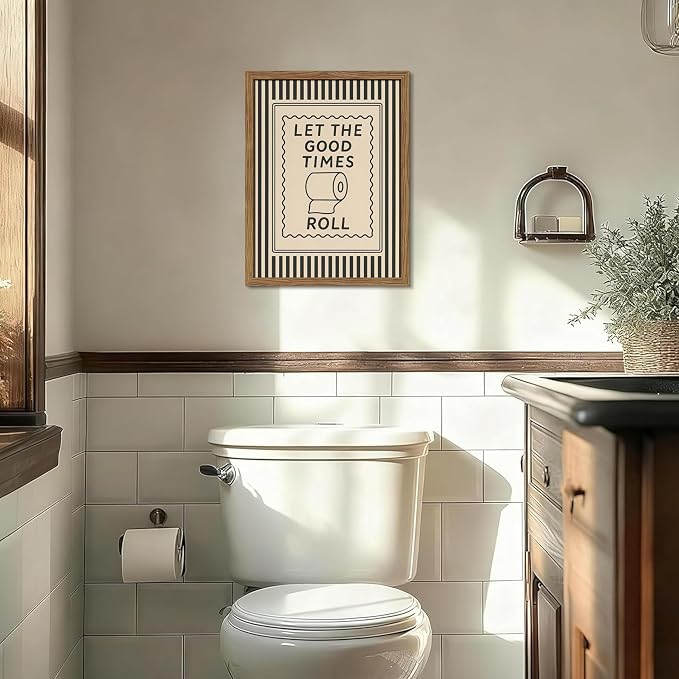 Framed Let The Good Times Roll Bathroom Print, Vintage Funny Toilet Quote Canvas Wall Art, Stripes Bathroom Picture Poster, Downstairs Toilet Painting Wall Decor 16x24 inch