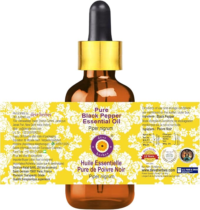 Deve Herbes Pure Black Pepper Essential Oil (Piper nigrum) with Glass Dropper Steam Distilled 15ml (0.50 oz)