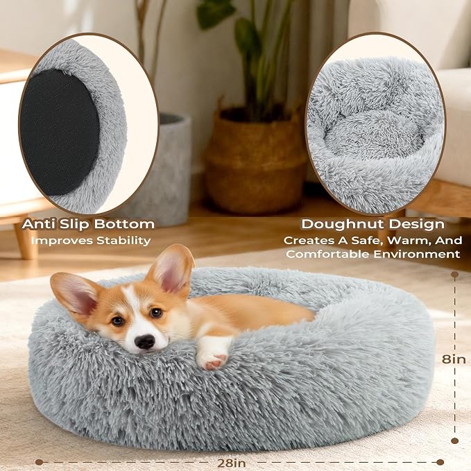 Calming Large Donut Dog and Cat Bed, Anti-Anxiety Round Soft Fluffy Plush Faux Fur Washable Anti-Slip Pet Bed for Medium Dogs Up to 35 lbs 28in Gray
