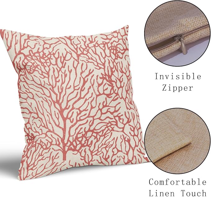 Nautical Coastal Pillow Covers 16x16 Inch Set of 2 Summer Ocean Beach Coral Orange Decorative Pillow Cases Outdoor Linen Cushion Cover Farmhouse Decor for Bedroom Home Sofa Couch Bed