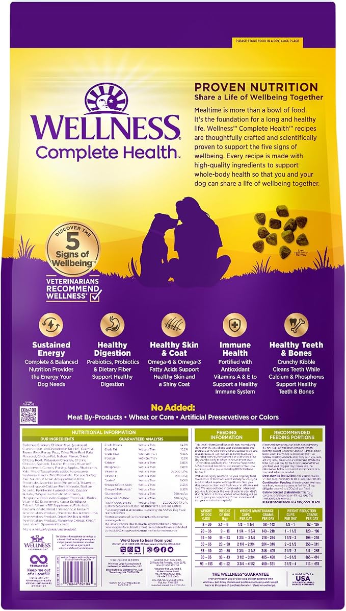 Wellness Complete Health Healthy Weight Adult Dry Dog Food, Wholesome Grain Kibble, Chicken and Peas Recipe, 24 lb Bag