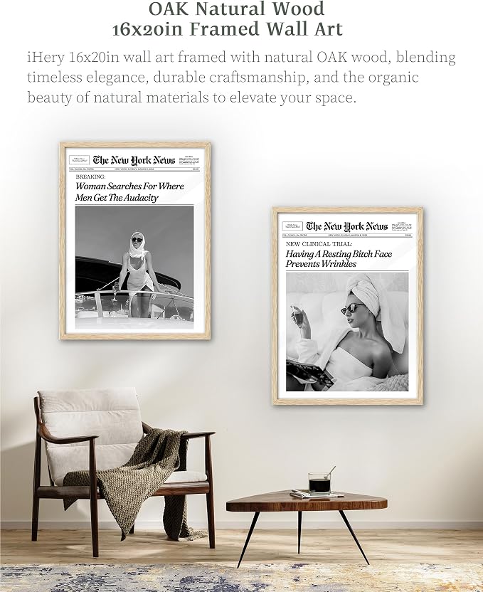 iHery 16x20in Champagne Problems on the Rise Framed Newspaper Art | Natural OAK Wood Frame with Canvas Print, Vintage Champagne Decor for Bar Cart, Kitchen, Living Room and Bathroom, 1Pack