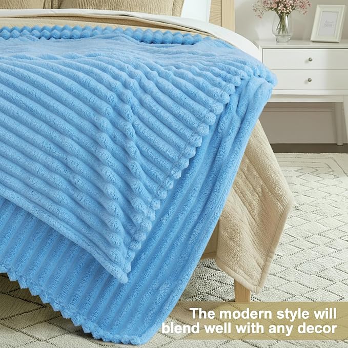 decorUhome Blue Fleece Queen Blanket 90x90 Inches | Soft Fleece Bed Cozy Fluffy Plush Flannel Large Striped Throws for Couch Sofa, Decorative Fuzzy Blanket for Woman