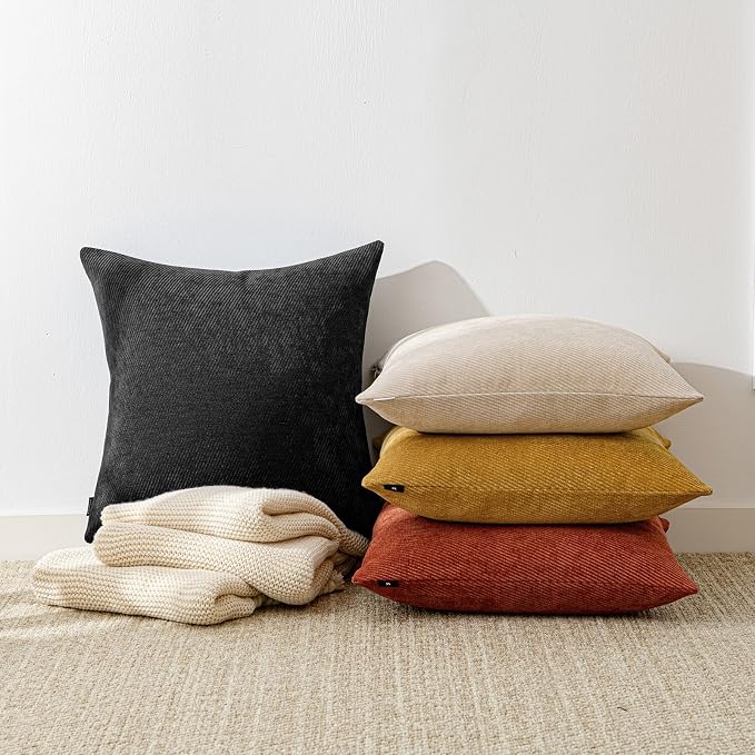 a moment Pack of 2 Decorative Chenille Throw Pillow Covers with Twill Cushion Covers for Sofa Living Room Couch Bed 18x18 Inch Black